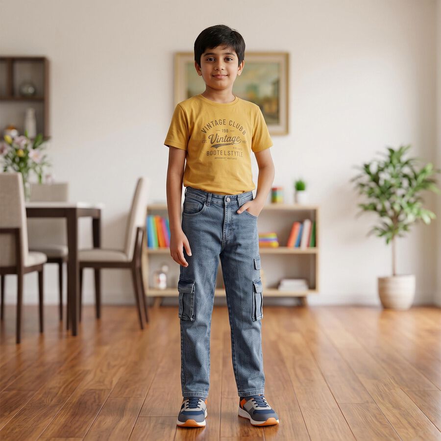 Boys' Blue Regular Fit Cargo Jeans, मध्यम नीला, large