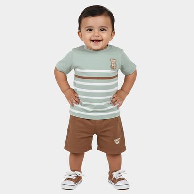 Infants' Light Green Cotton Round Neck Striped Baba Suit