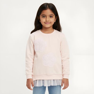 Girls Light Pink Crew Neck Casual Sweatshirt