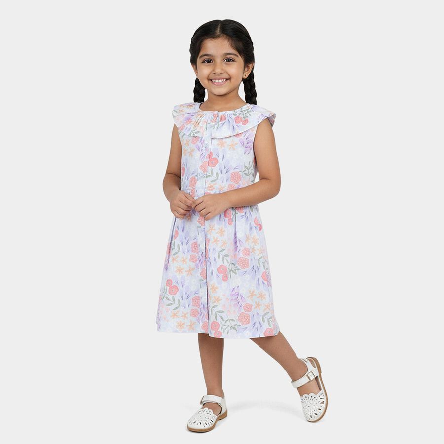 Girls' Pastel Blue Floral Print Sleeveless Cotton Frock, हल्का नीला, large