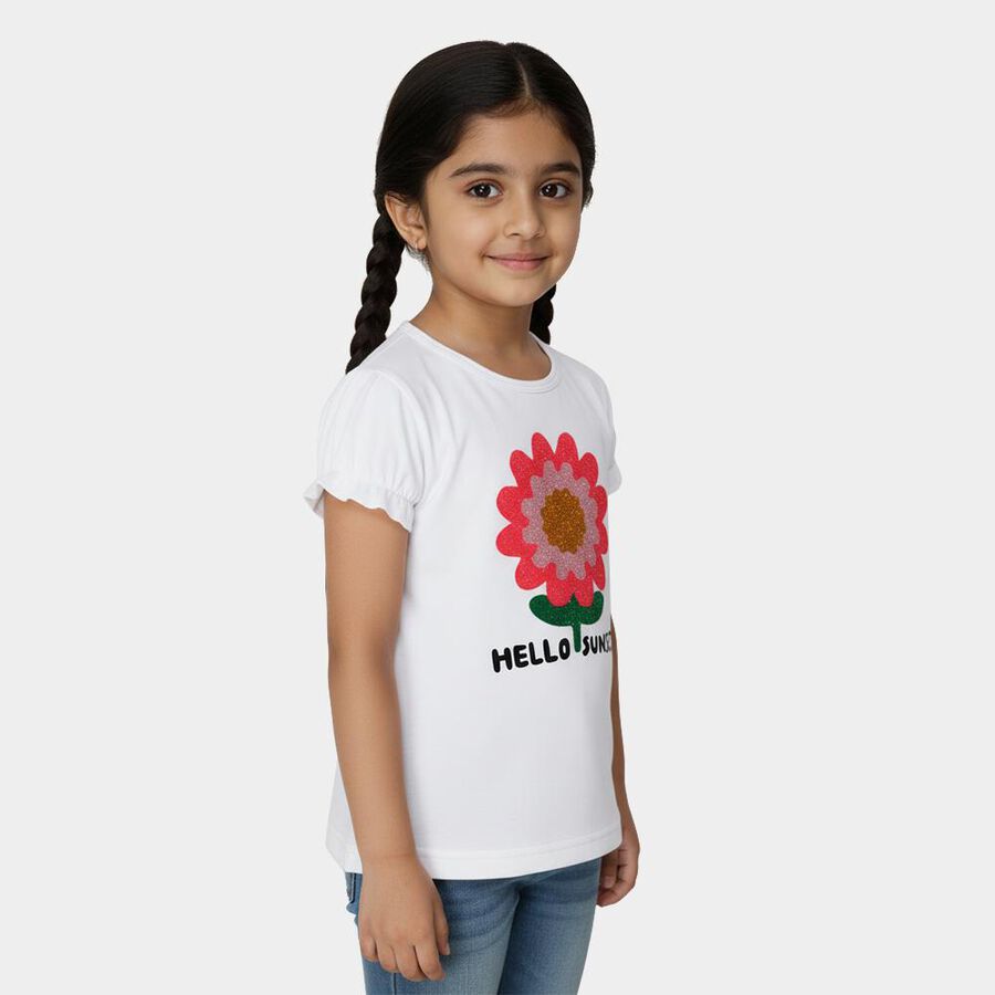 Girls' White Cotton Round Neck Casual T-Shirt, White, large