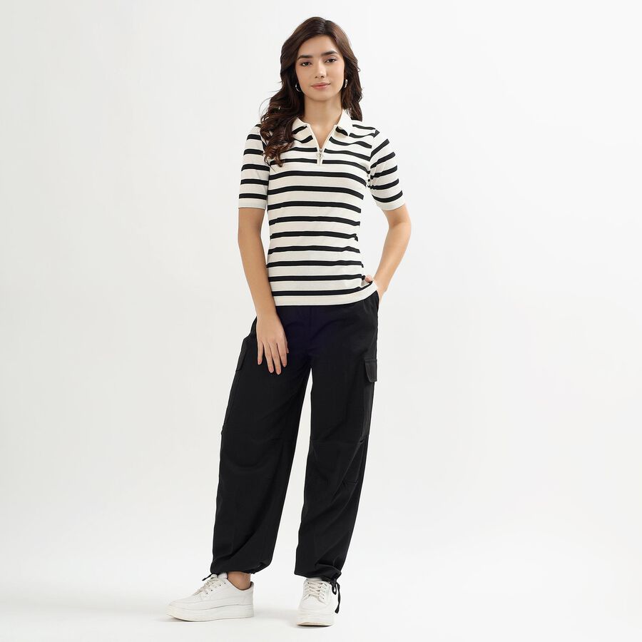 Women's Jet Black Regular Fit Mid Rise Cargo Trousers, Black, large image number null