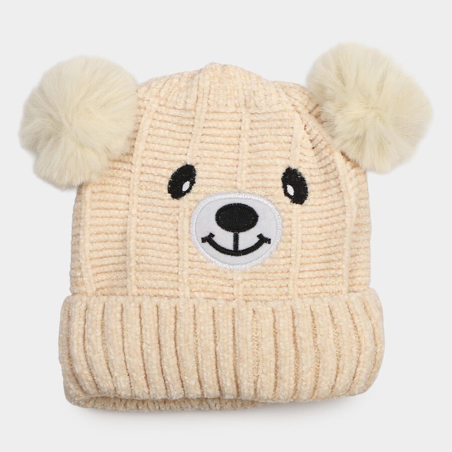 Girls' Cream Bear Embroidered Beanie Cap, Off White, large
