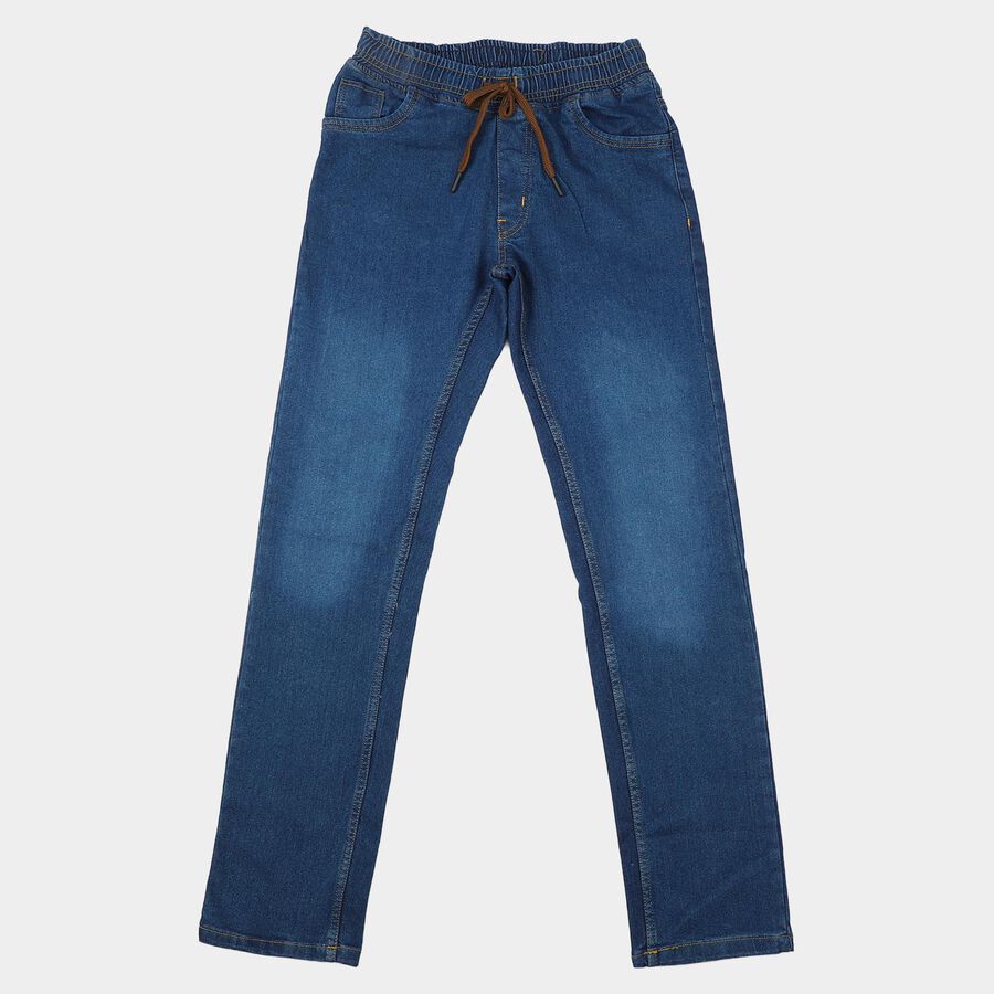 Boys Blue Straight Fit Drawstring Waist Jeans, गहरा नीला, large