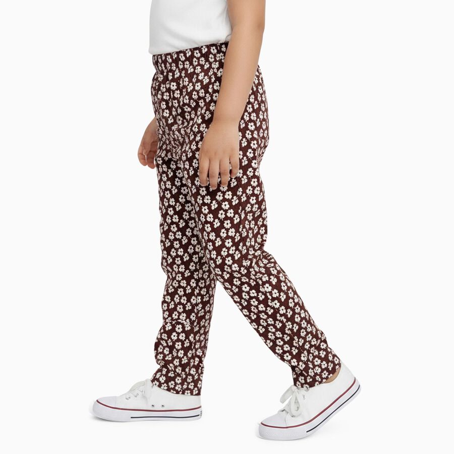 Girls' Dark Brown Floral Printed Cotton Blend Pyjama, भूरा, large image number null