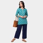 Women's Mid Blue Round Neck Printed Straight Kurti, Mid Blue, small