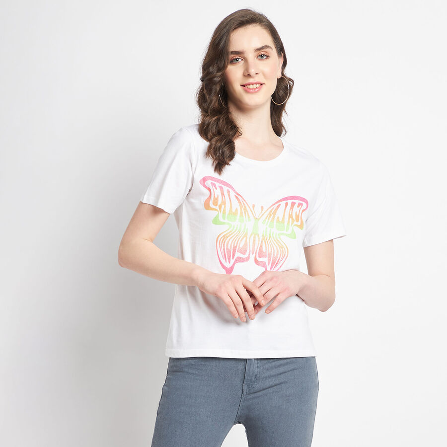 Cotton Solid Round Neck T-Shirt, White, large image number null