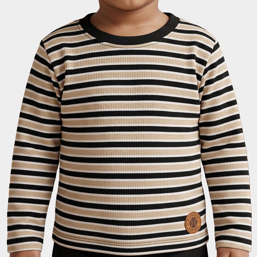 Boys Beige Cotton Blend Round Neck Regular T-Shirt, गहरा पीला, large