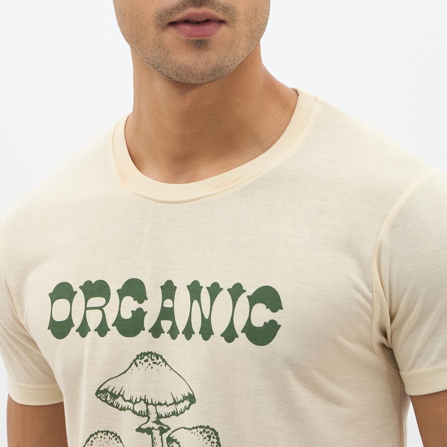 Men's Light Beige Round Neck Casual Printed T-Shirt, Ecru Melange, large image number null