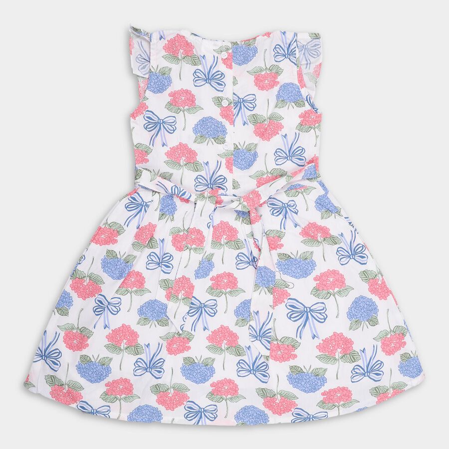 Girls' White Floral Printed Sleeveless Flared Frock, Off White, large image number null