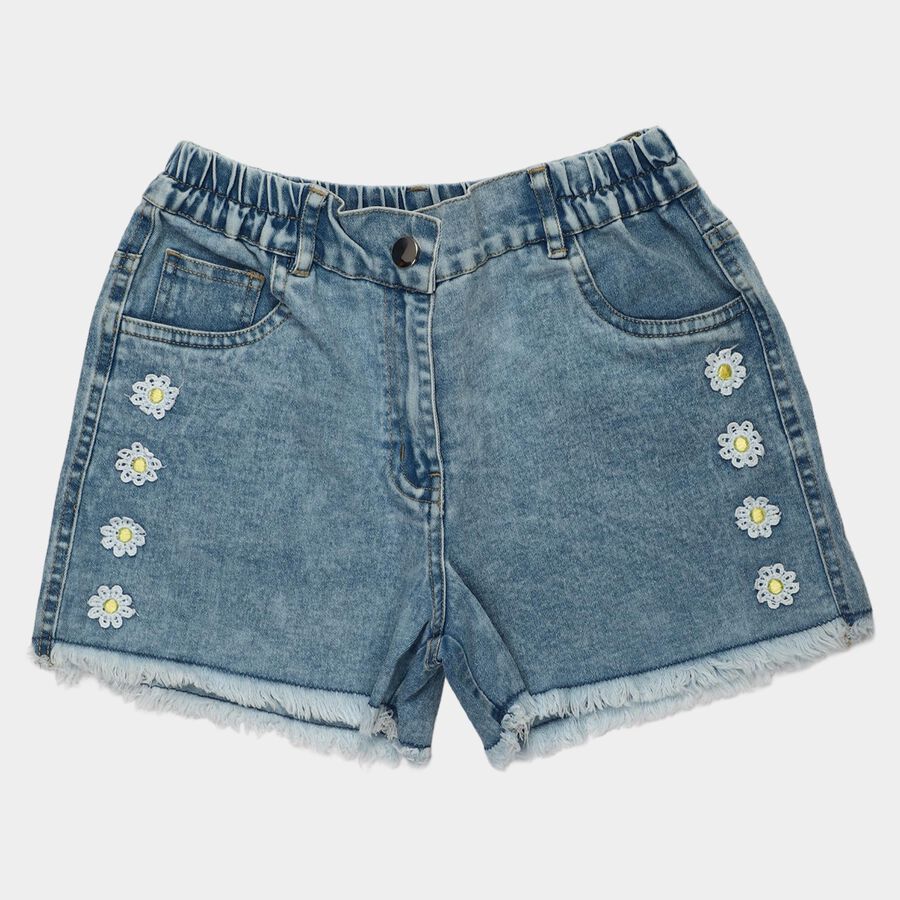 Girls Light Blue Regular Fit Daisy Applique Denim Shorts, Light Blue, large