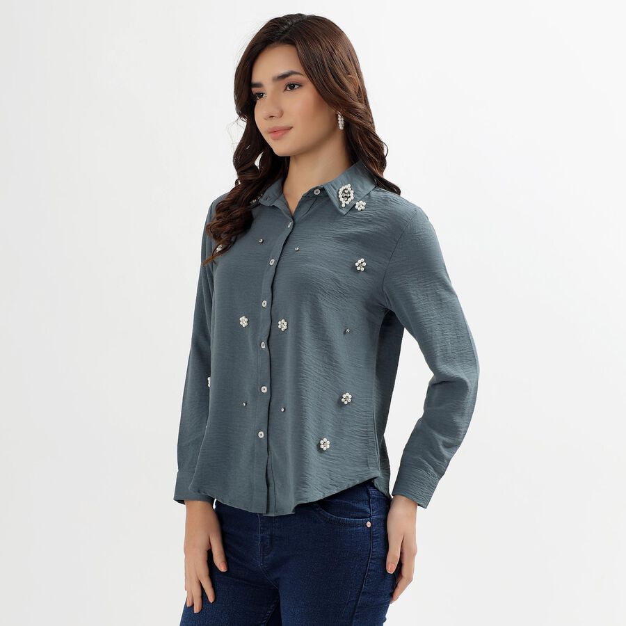 Ladies' Muted Steel Blue Classic Collar Casual Shirt, Teal Blue, large image number null