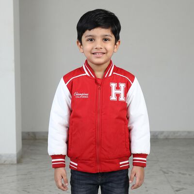 Boys Maroon Stand Collar Varsity Jacket