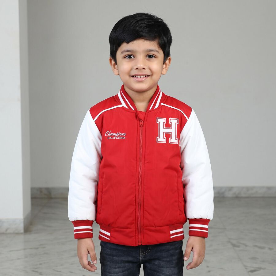 Boys Maroon Stand Collar Varsity Jacket, मरून, large