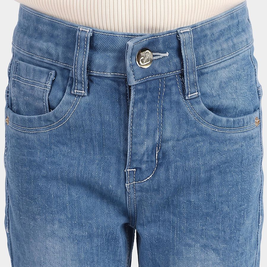 Girls Blue Flared Fit Sequin Bow Jeans, मध्यम नीला, large