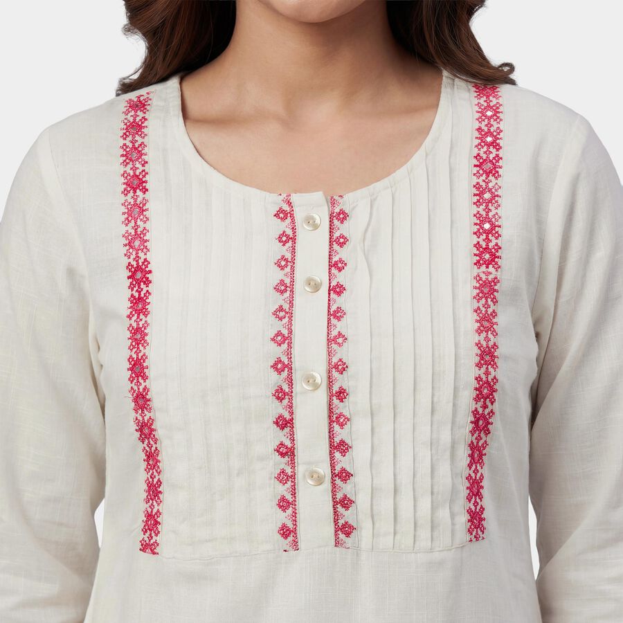 Women's White Mandarin Collar Textured Self Design Kurta, ऑफ व्हाइट, large