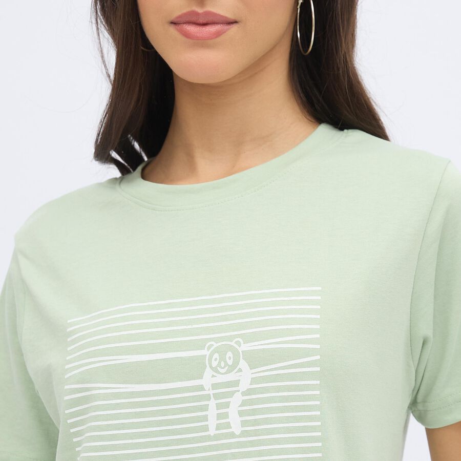 Women's Light Sage Green Round Neck Casual T-Shirt, Light Green, large