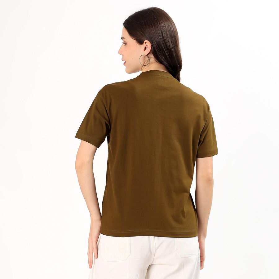 Women's Olive Cotton Round Neck Graphic T-Shirt, ओलिव, large