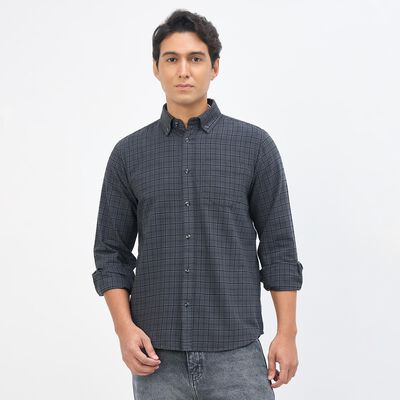 Men's Dark Grey Cotton Button Down Collar Casual Shirt