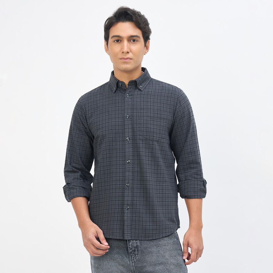Men's Dark Grey Cotton Button Down Collar Casual Shirt, Dark Grey, large