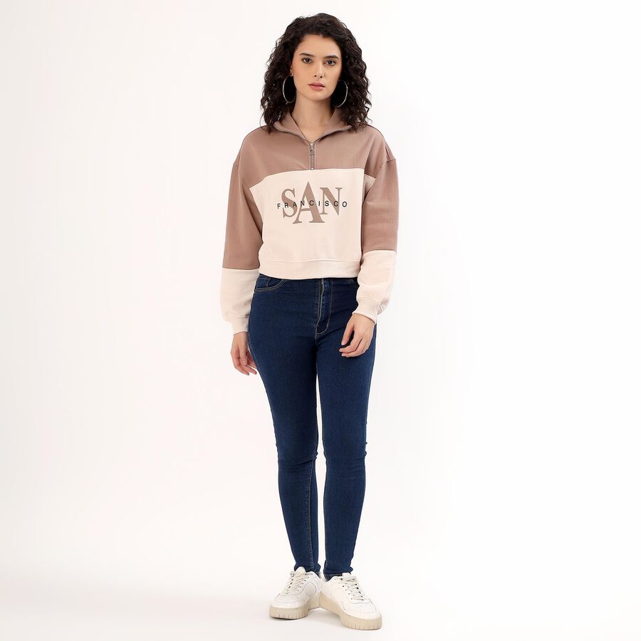 Women's Beige and Brown High Neck Casual Sweatshirt, भूरा, large image number null
