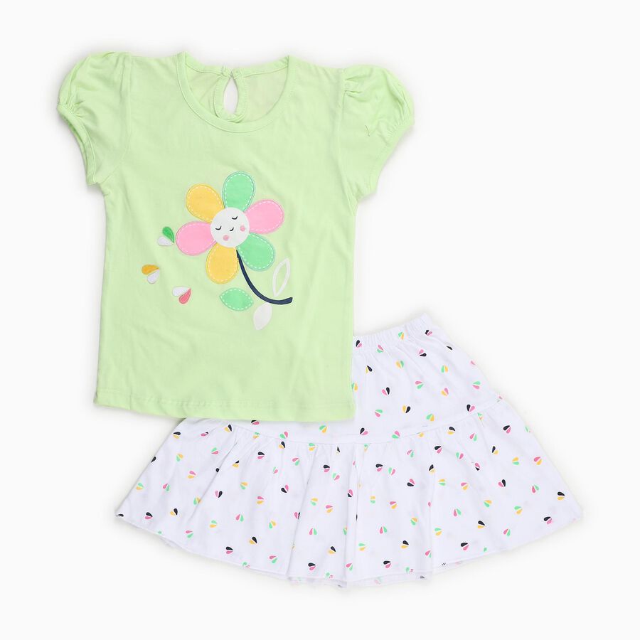 Infants' Pastel Green Cotton Puff Sleeve Top and Printed Skirt Set, Light Green, large