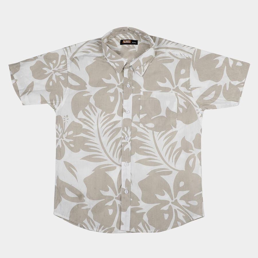 Boys' Beige Cotton Classic Collar Casual Shirt, Beige, large