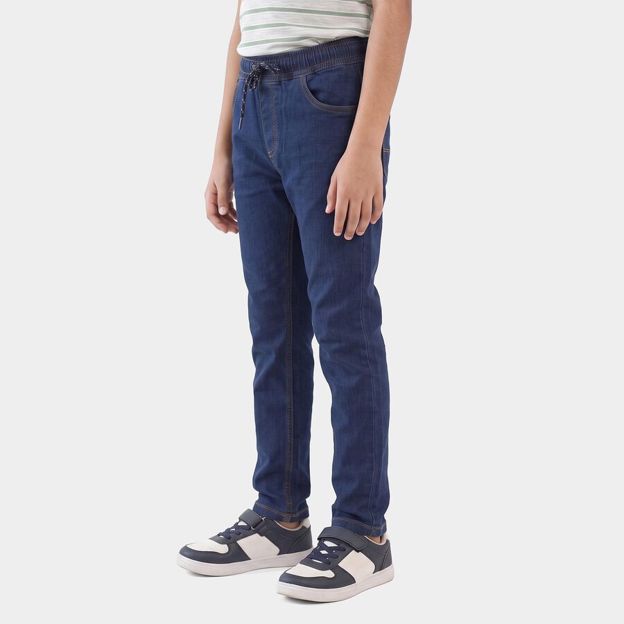 Boys Navy Blue Slim Fit Drawstring Jeans, गहरा नीला, large