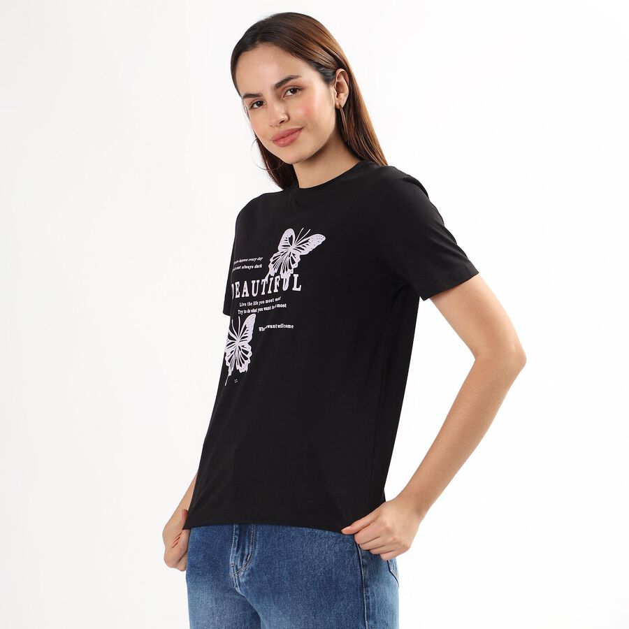 Women's Jet Black Round Neck Casual T-Shirt, काला, large