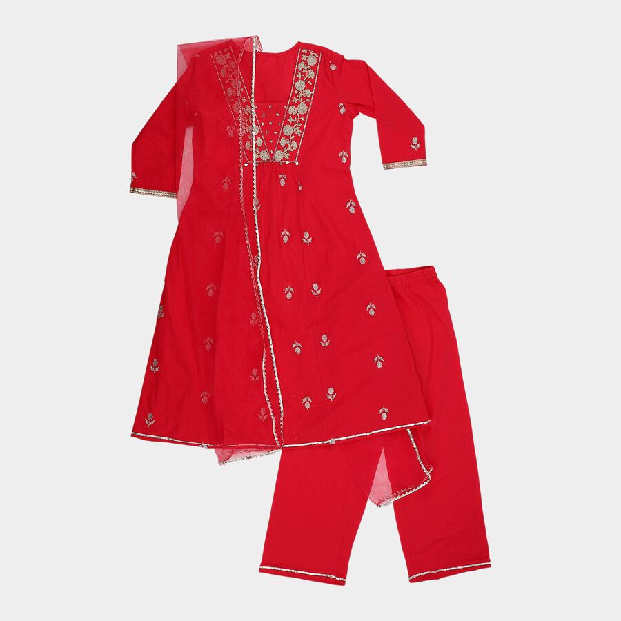 Girls' Fuchsia Square Neck Embroidered Peplum Top and Tiered Skirt Fusion Set, रानी (फ्यूशिया), large