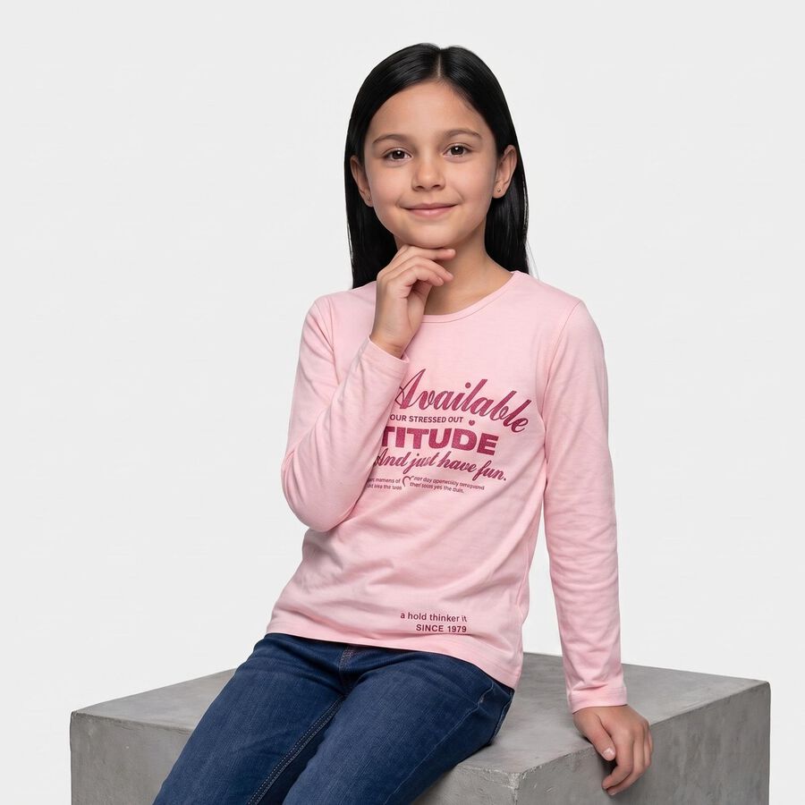 Girls Pink Round Neck Regular Top, गुलाबी, large