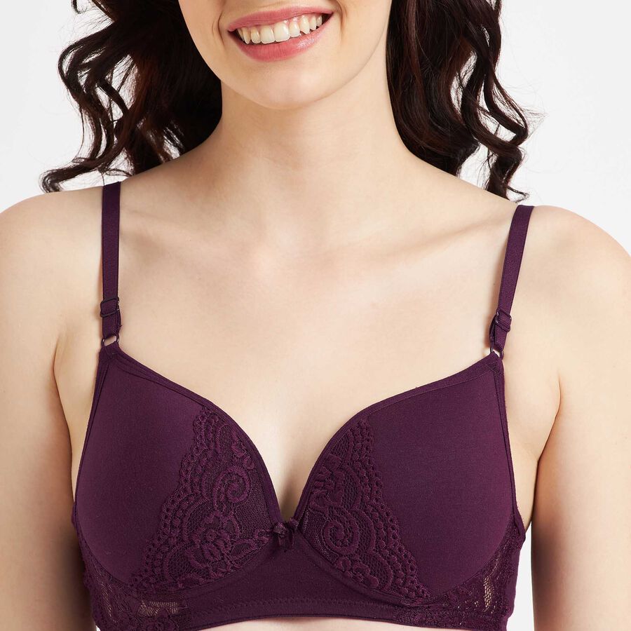 Half Lace Padded Bra, Wine, large image number null
