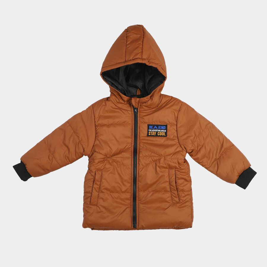 Boys Brown Hooded Puffer Jacket, Brown, large