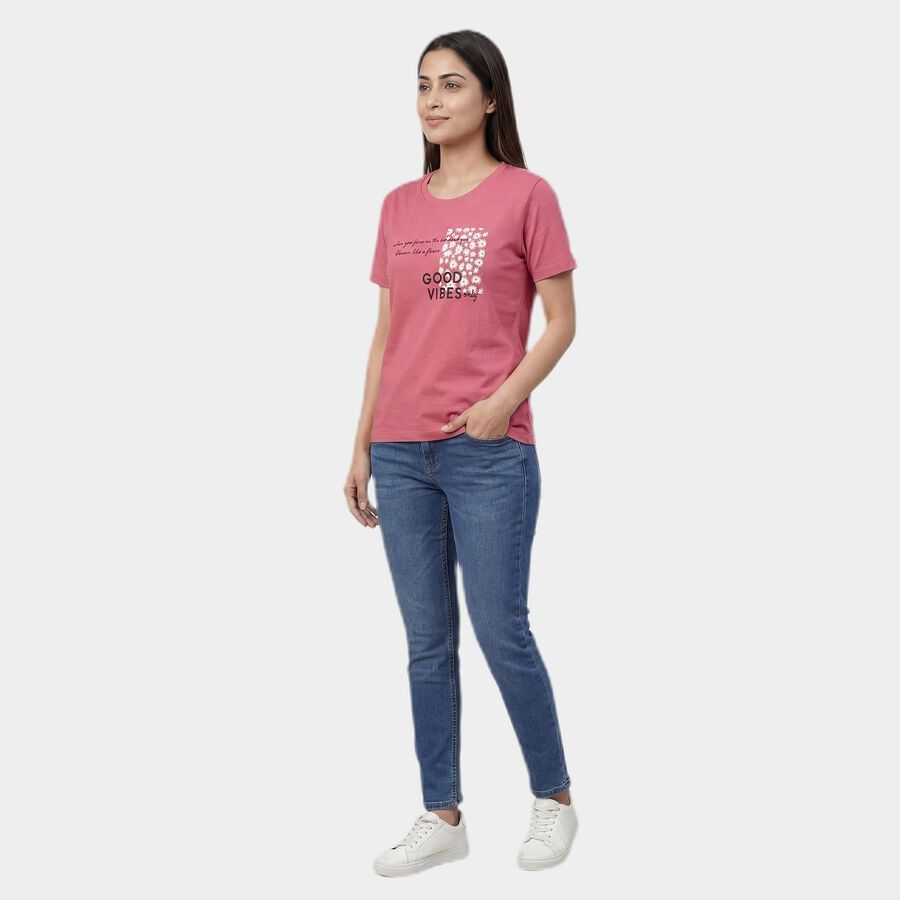 Women's Pink Round Neck Casual T-Shirt, Pink, large
