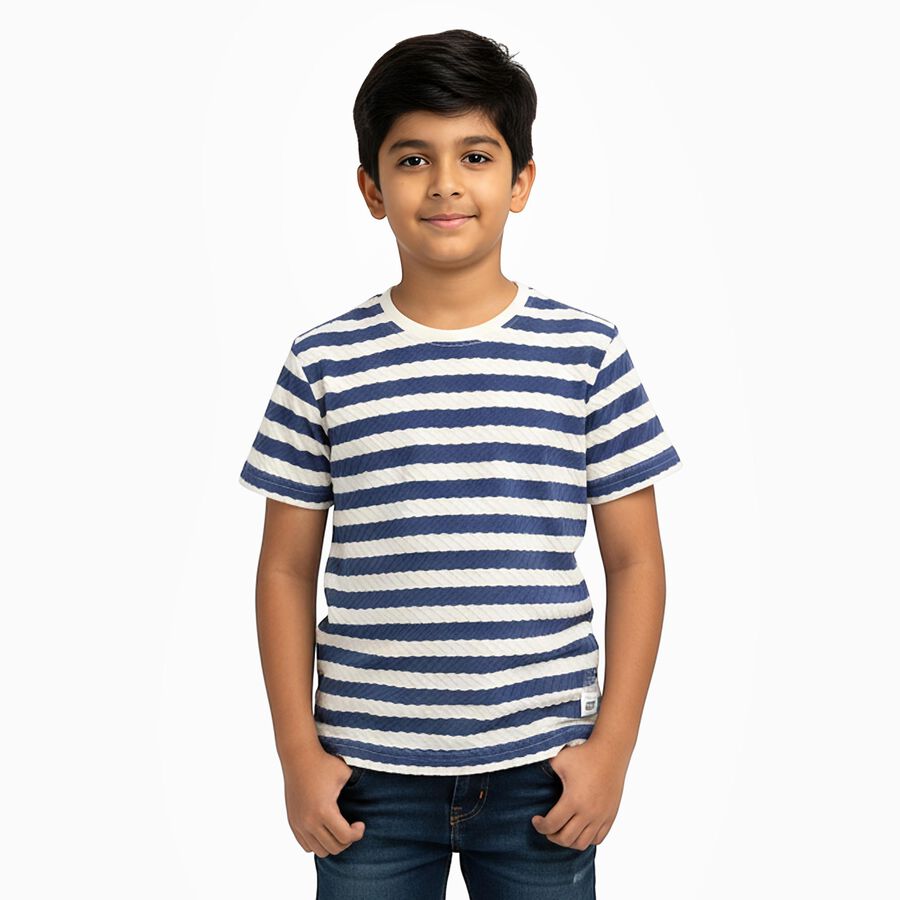 Boys Deep Navy Blue Crew Neck Casual Half Sleeve T-Shirt, Navy Blue, large
