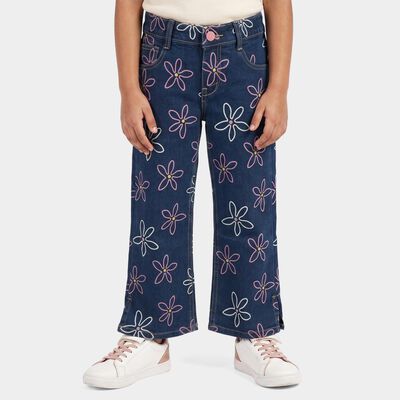 Girls' Navy Blue Straight Fit Floral Printed Jeans