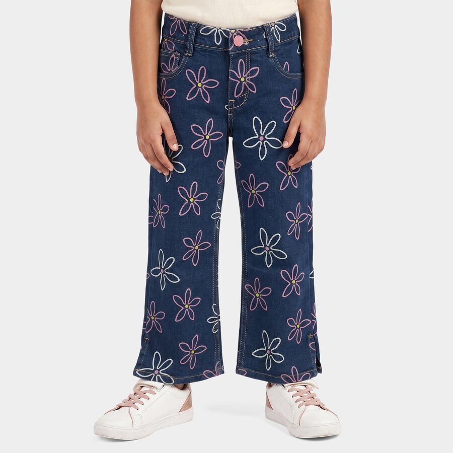 Girls' Navy Blue Straight Fit Floral Printed Jeans, मध्यम नीला, large