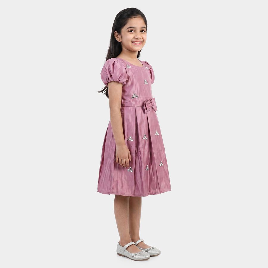 Girls' Pink Fit and Flare Embellished Bow Frock, गुलाबी, large