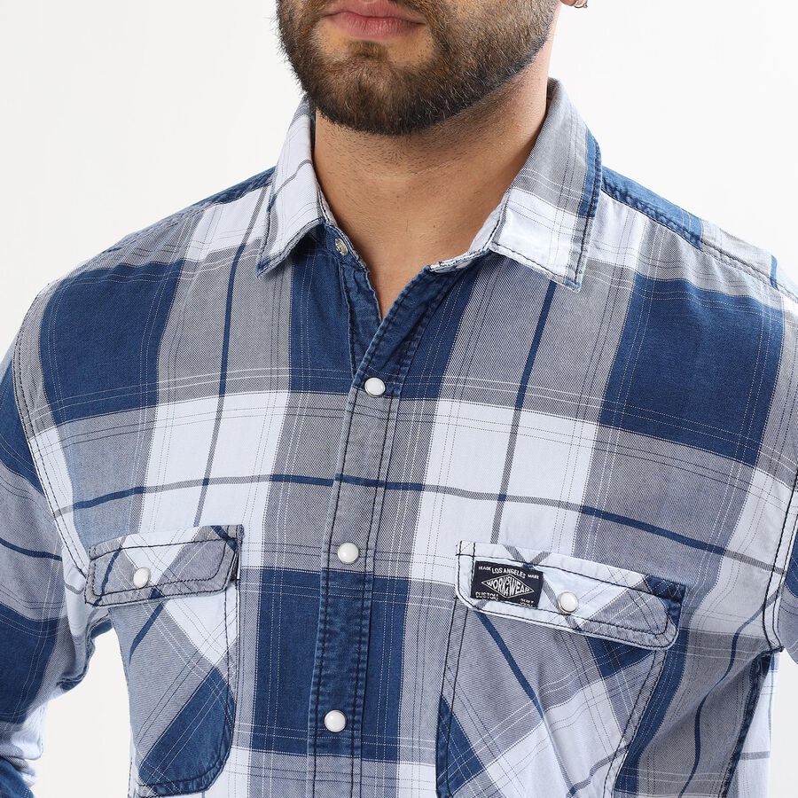 Men's Muted Steel Blue Cotton Spread Collar Casual Shirt, Mid Blue, large image number null