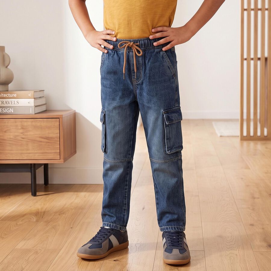 Boys Blue Relaxed Fit Cargo Jeans, Dark Blue, large