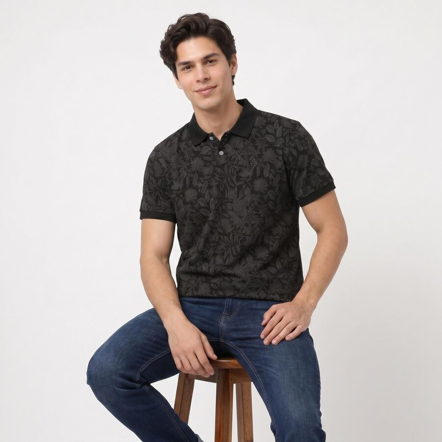 Men's Black Cotton Polo Neck Floral Printed T-Shirt, काला, large