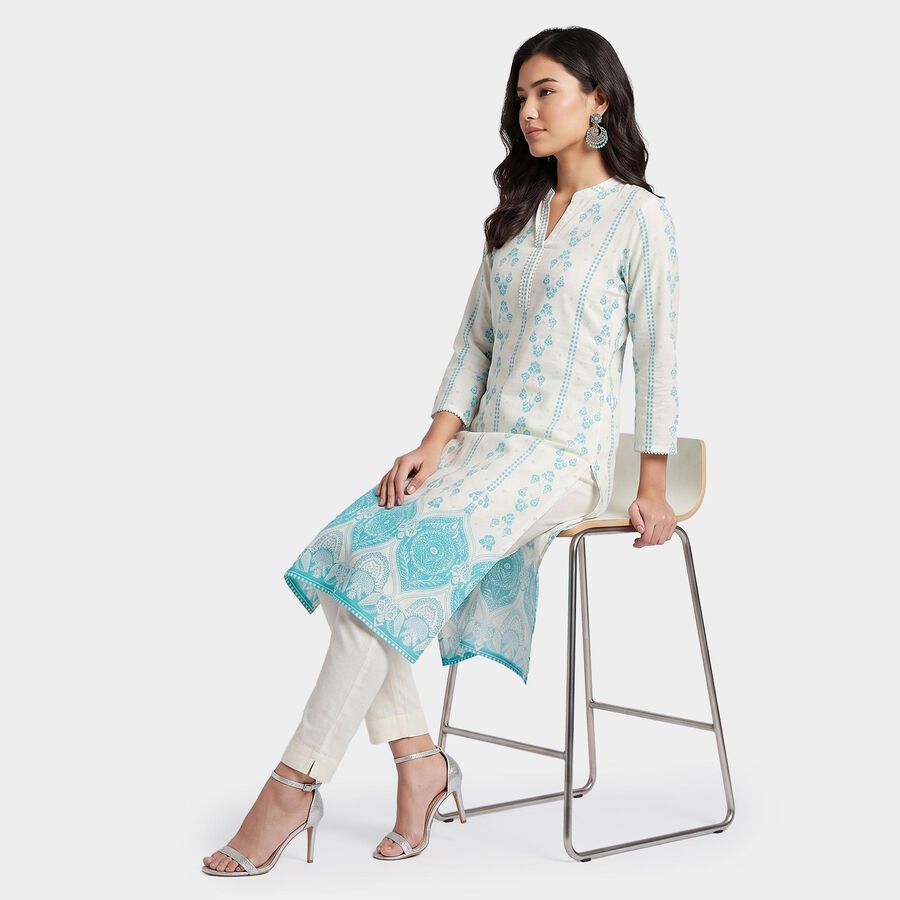 Women's Turquoise Band Collar Floral Printed Straight Kurta, Aqua, large