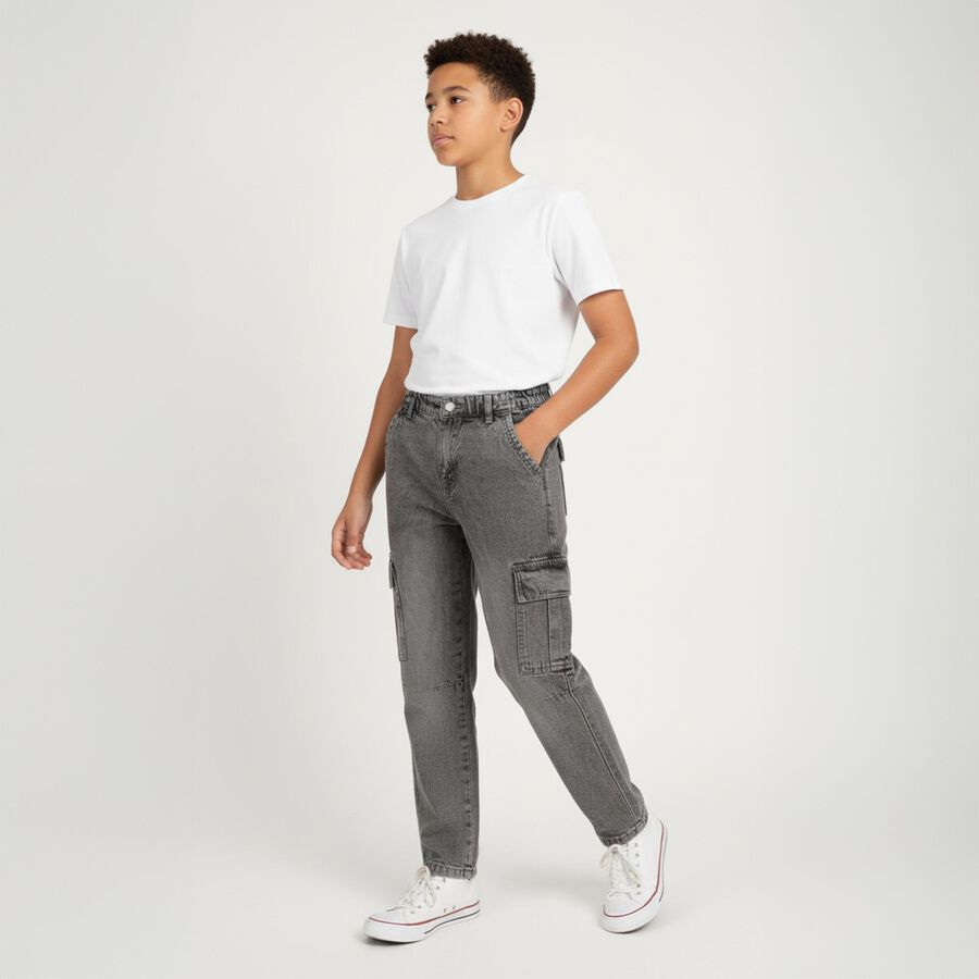 Boys' Washed Grey Relaxed Fit Cargo Jeans, हल्का ग्रे, large image number null