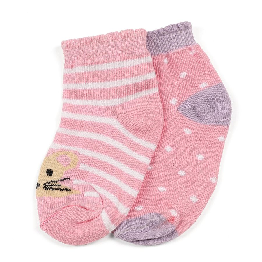 Girls' Soft Pink Regular Fit Striped and Polka Dot Socks Pack of 2, हल्का गुलाबी, large image number null