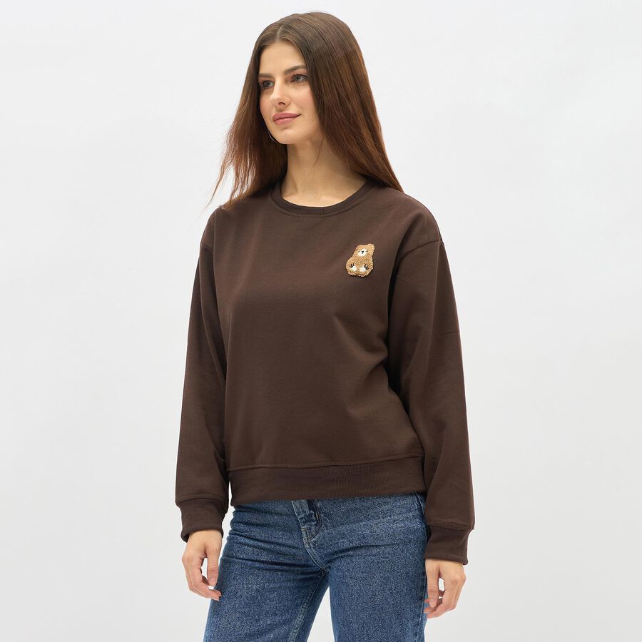 Women's Dark Chocolate Brown Crew Neck Casual Sweatshirt, Brown, large image number null