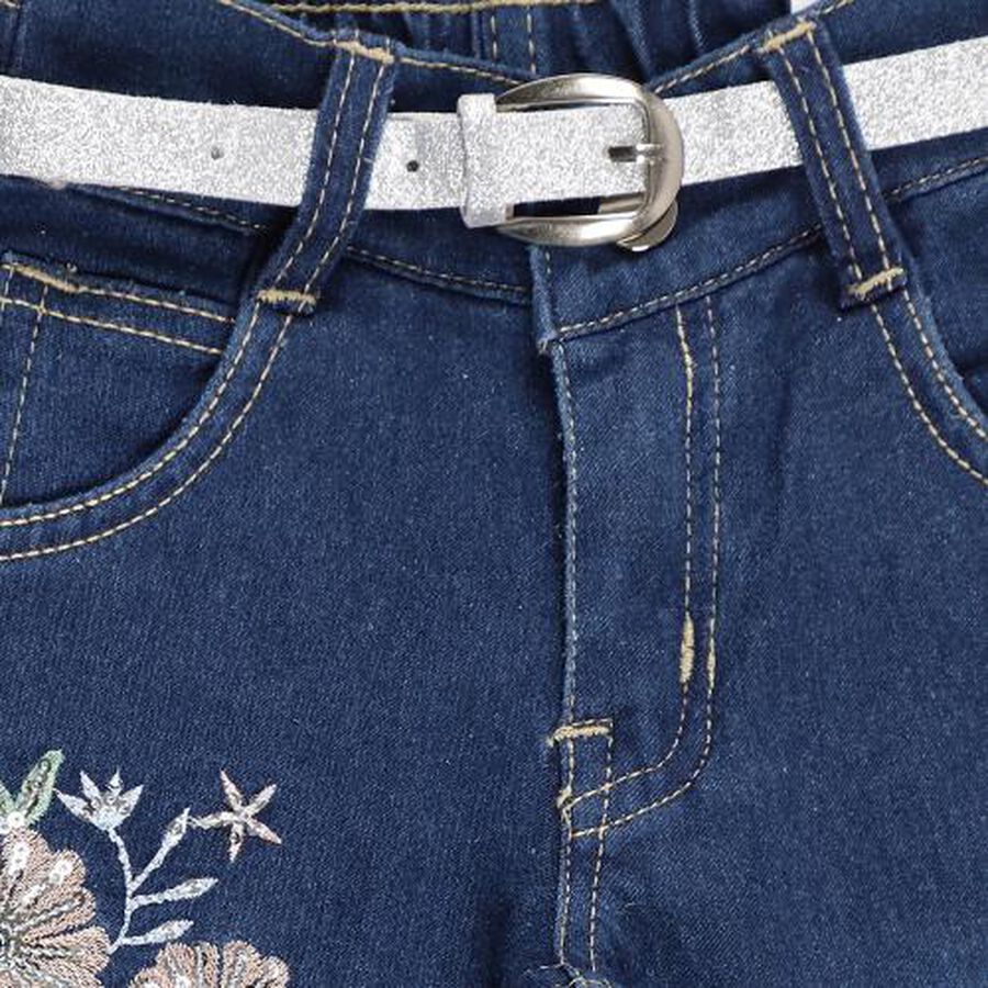 Girls' Deep Indigo Slim Fit Embroidered Jeans, गहरा नीला, large image number null