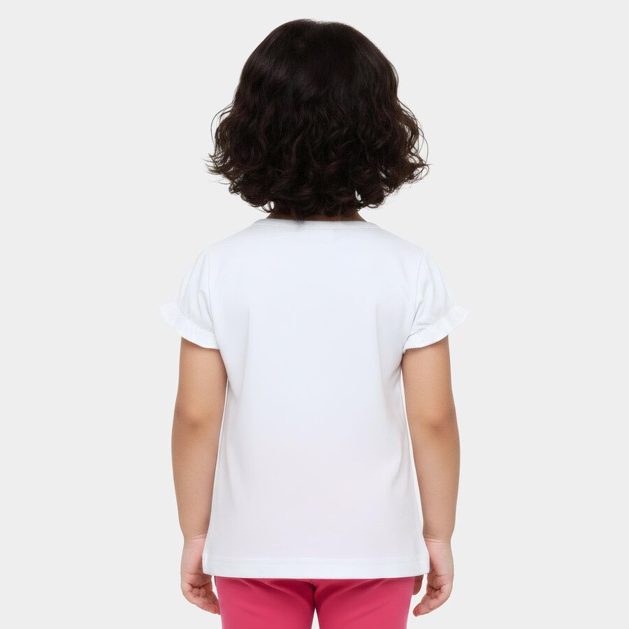 Girls White Cotton Round Neck Casual T-Shirt, सफ़ेद, large