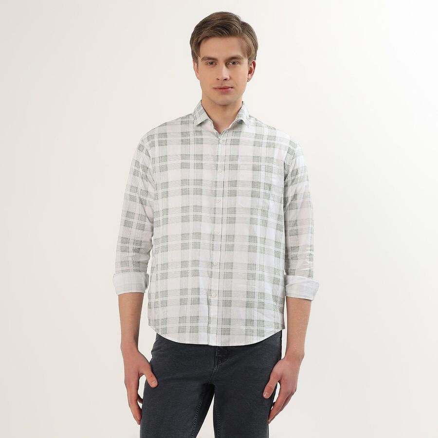 Men's Light Sage Green and White Cotton Spread Collar Casual Shirt, हल्का हरा, large