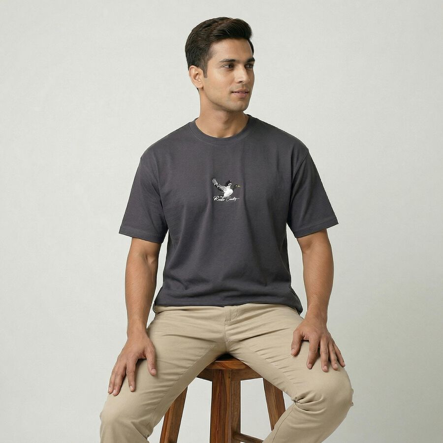 Men's Dark Grey Cotton Round Neck Casual T-Shirt, Dark Grey, large