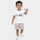 Infants' Beige 100% Cotton Round Neck Printed Baba Suit, Beige, small